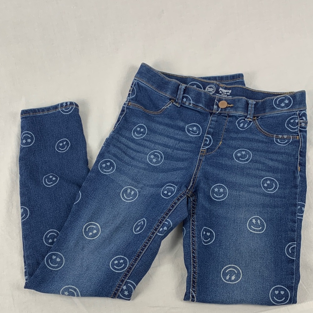 Wonder Nation Blue Smiley Face Jeggings Size XL 14-16 Denim Fall Winter